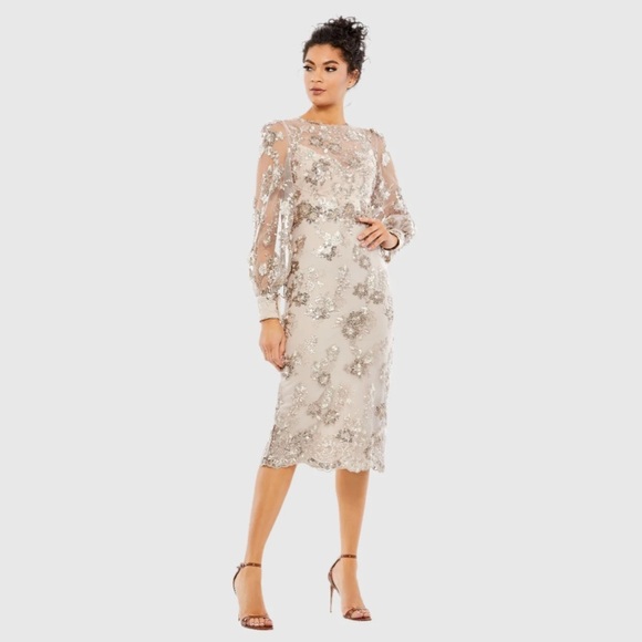 MAC DUGGAL 67862 NWT Embellished High Neck Illusion Long Sleeve Midi Dress - Picture 1 of 6